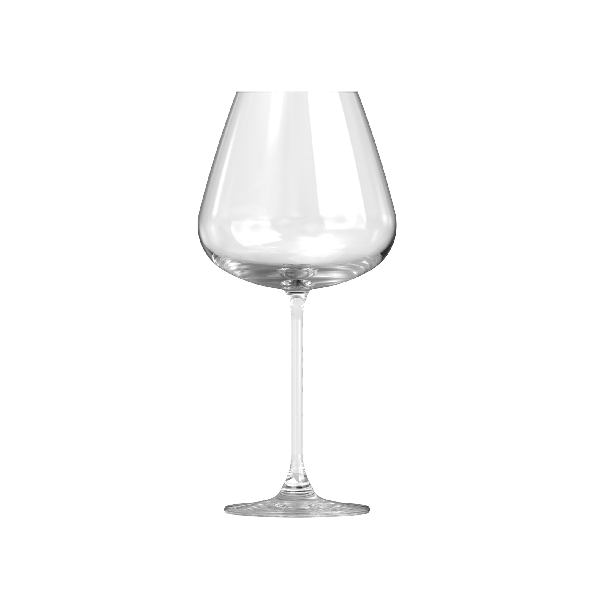 A clear red wine glass with a long stem and a wide base, isolated on a white background.