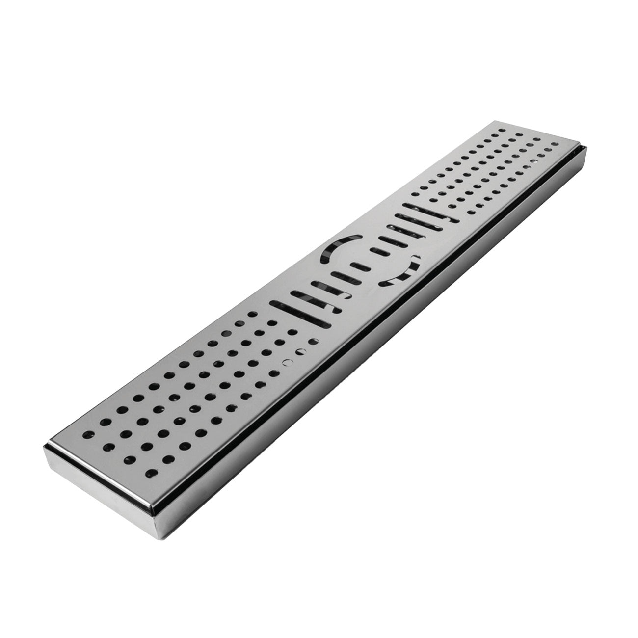 A 60 cm stainless steel drip tray with a geometric pattern of holes for placement under a faucet.