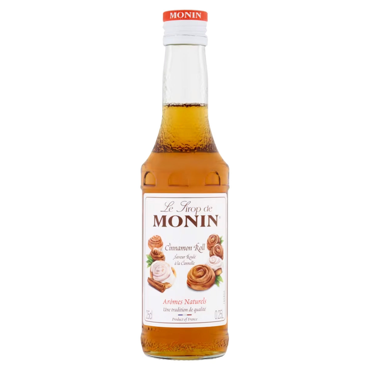 A 25 cl bottle of Monin Cinnamon Roll Syrup with a label showing the brand name, product name, and images of cinnamon rolls.