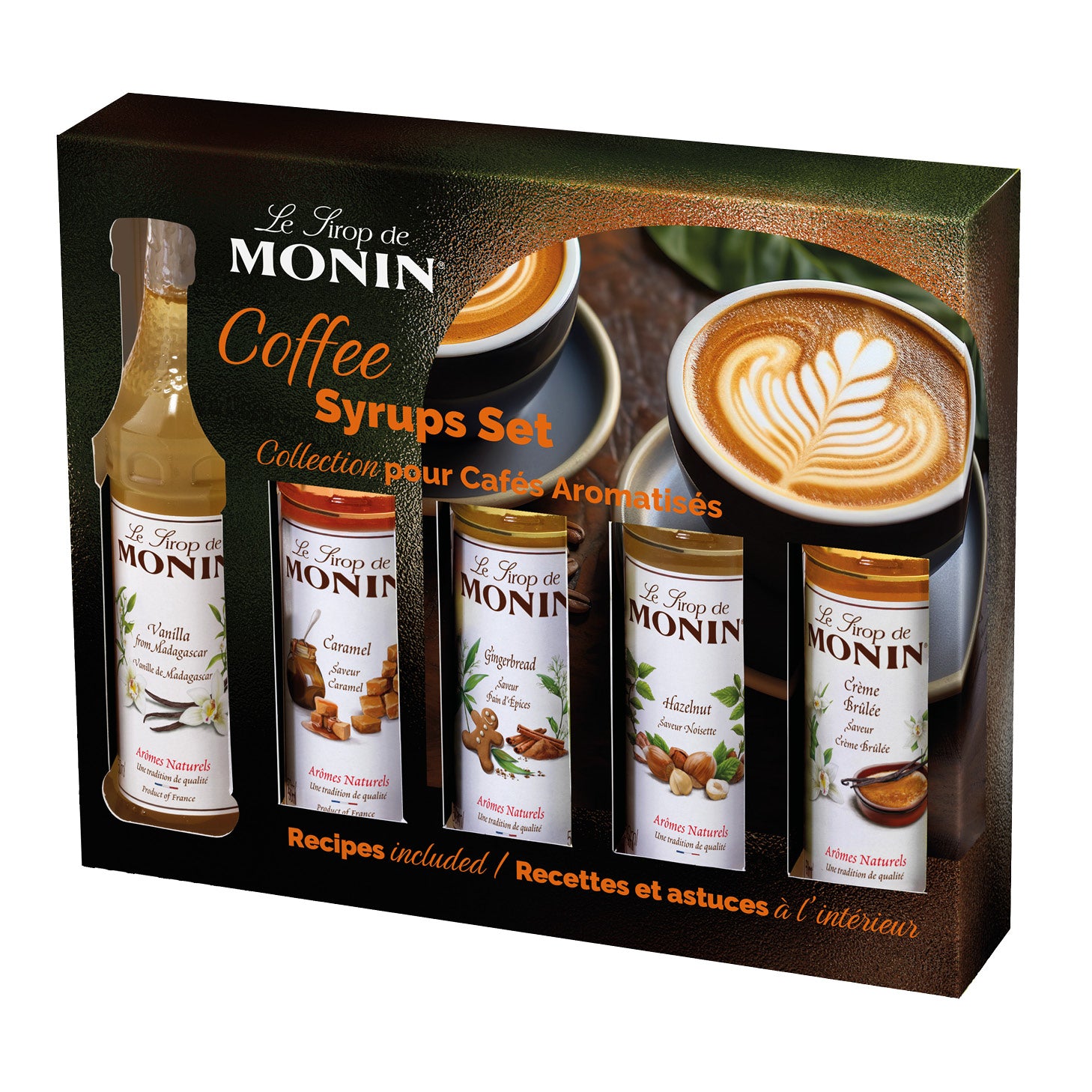 Monin coffee syrups set with syrups.