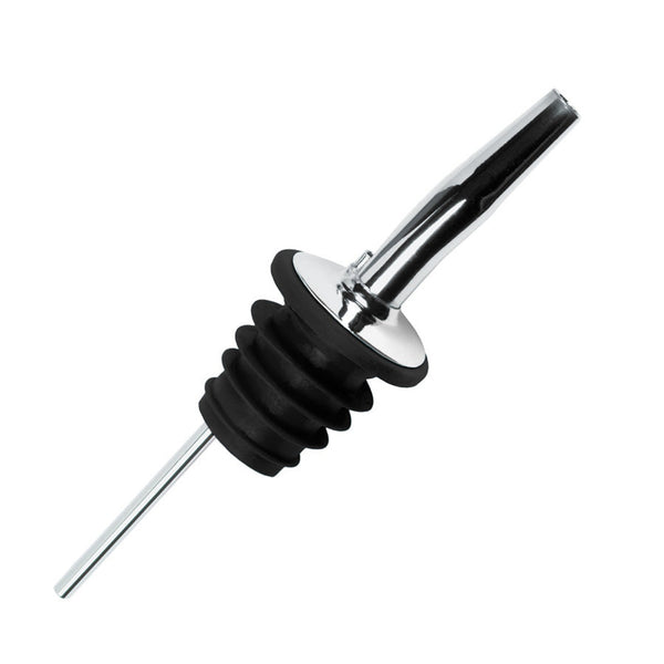 A metal pourer with black cork on a white background
