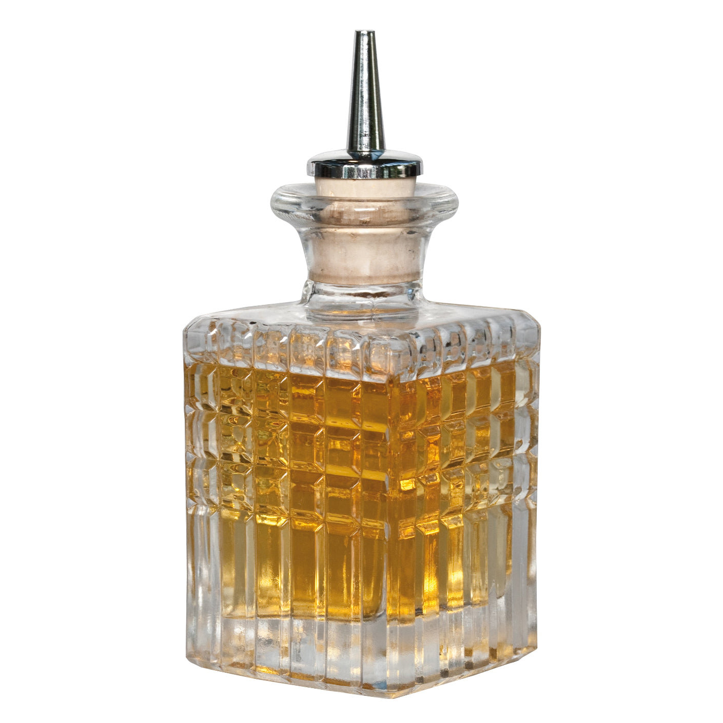 A clear glass dash bottle without a pourer, filled with liquid, showcasing a cut glass design.