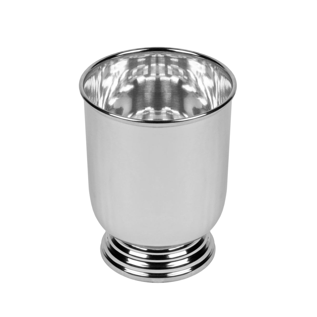 A silver plated mug with a reflective interior, and a capacity of 355 ml.