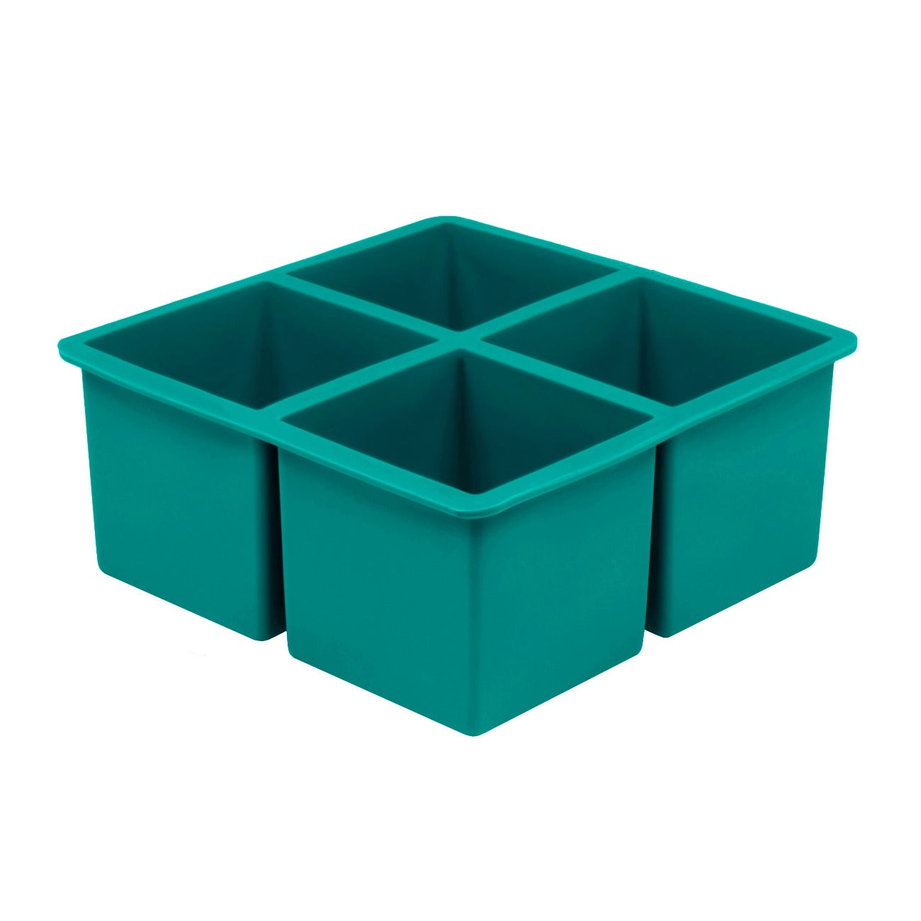 A green square-shaped ice cube mould with four compartments.