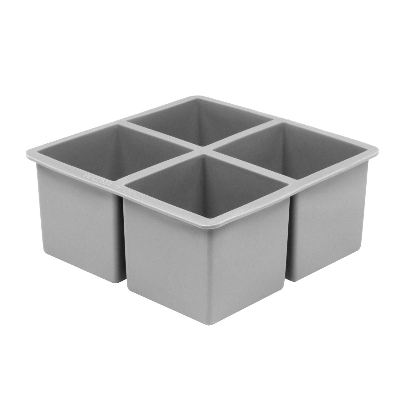 A gray ice cube mould designed to create four square ice cubes, made of food grade rubber.