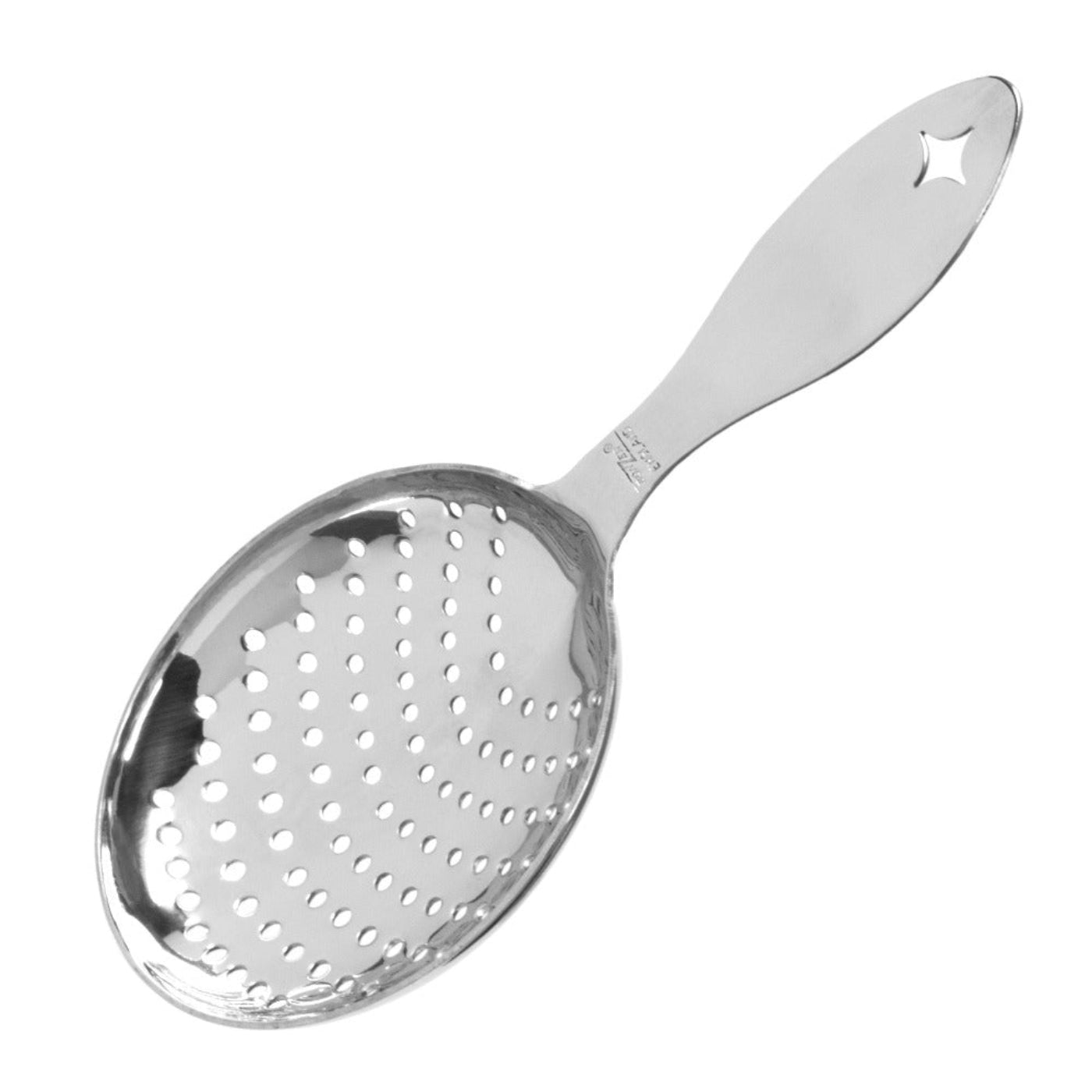 A silver-colored stainless steel Julep strainer with a wide handle and perforated bowl.