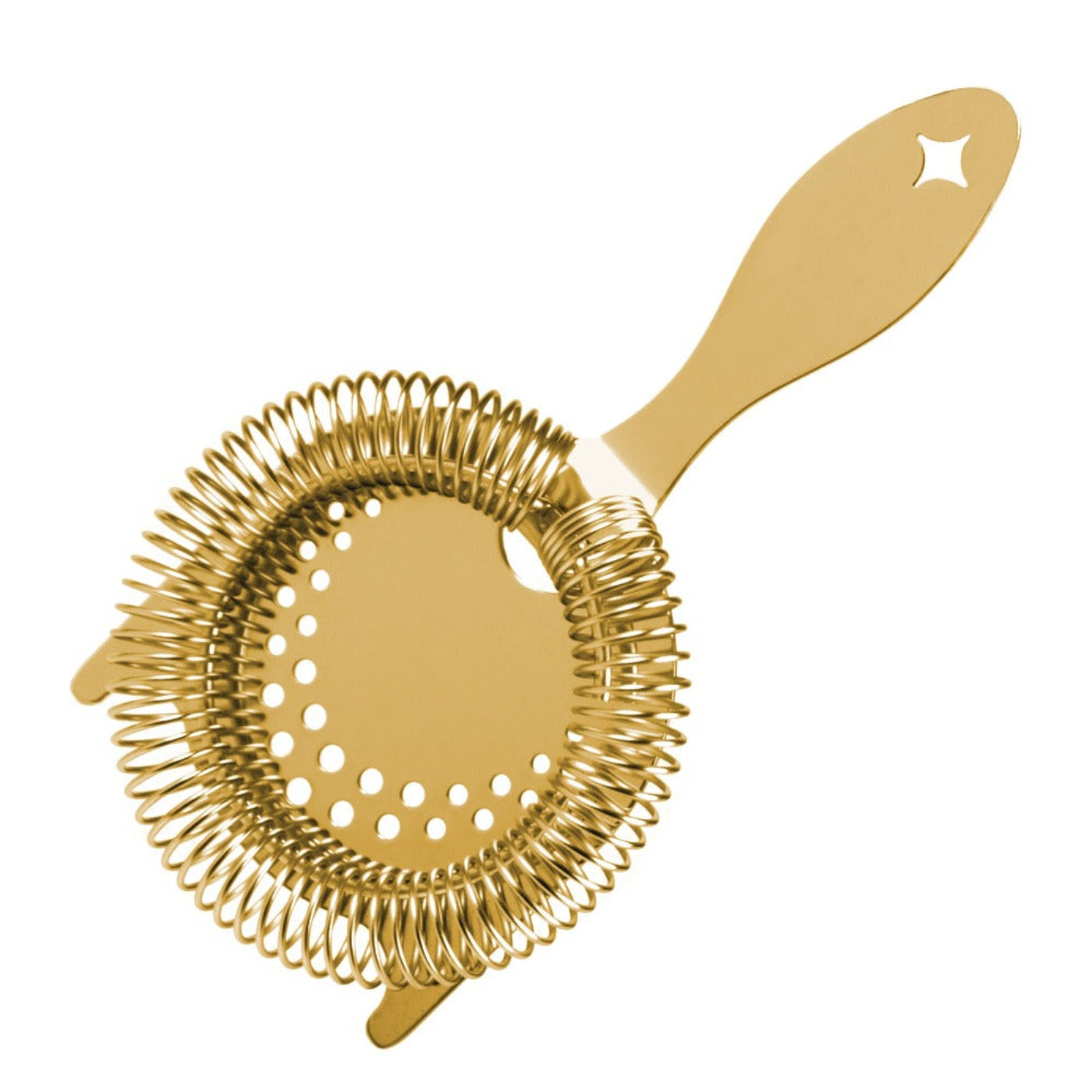 Gold-plated cocktail strainer with a spiral and two protruding ears on the top edge.