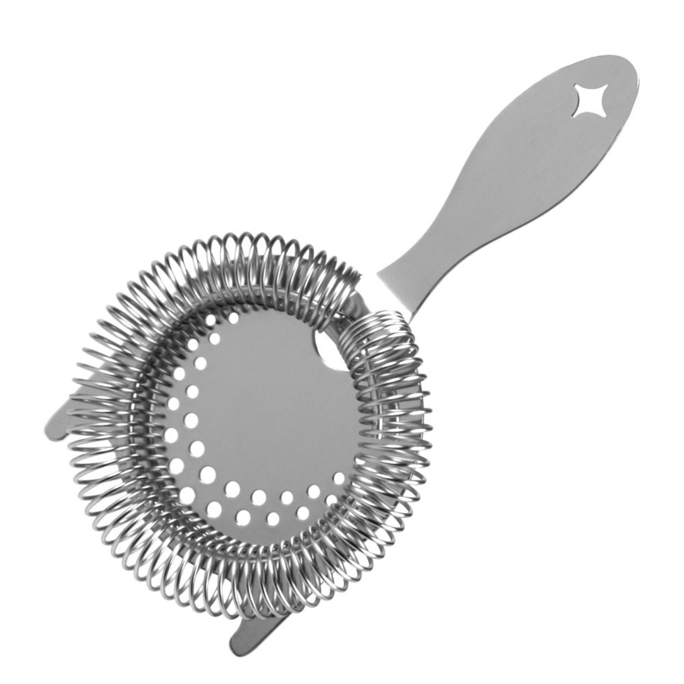 A stainless steel cocktail strainer with a spiral design and two protruding ears at the top, designed for use with a shaker or glass.