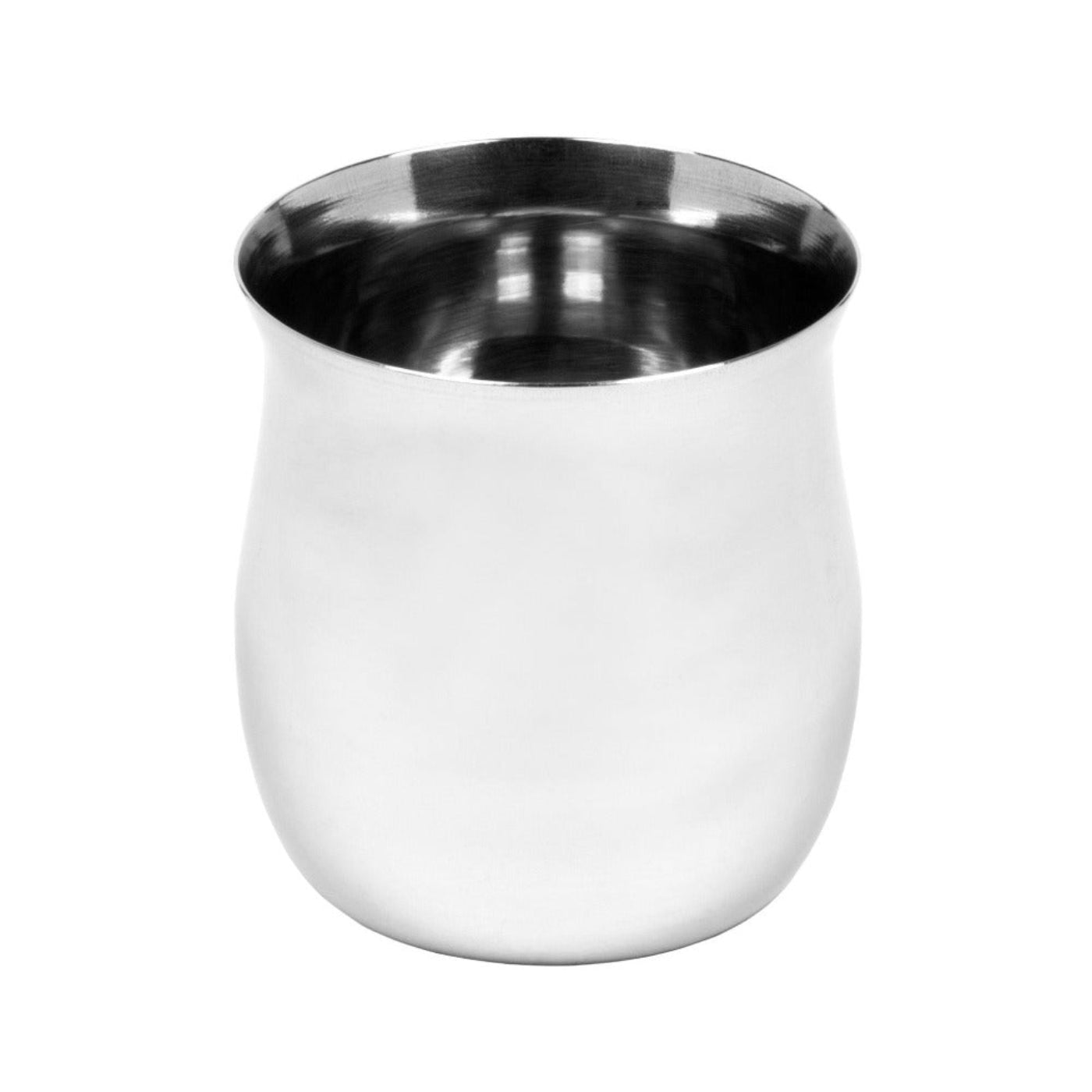 A silver stainless steel mixing glass with a curved shape designed for making cocktails.