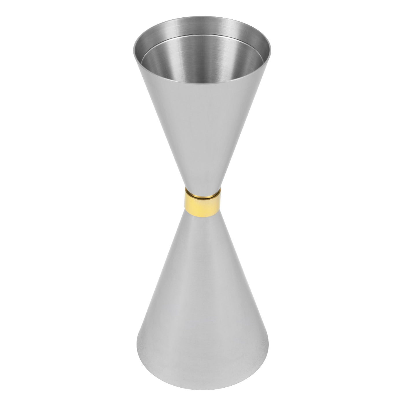 A silver-colored Mr Slim jigger with a gold band and a conical shape for measuring liquids.