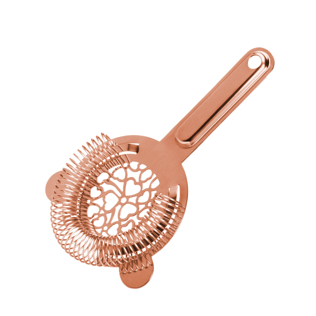 A rose gold cocktail strainer with a heart-shaped perforated design and a handle.