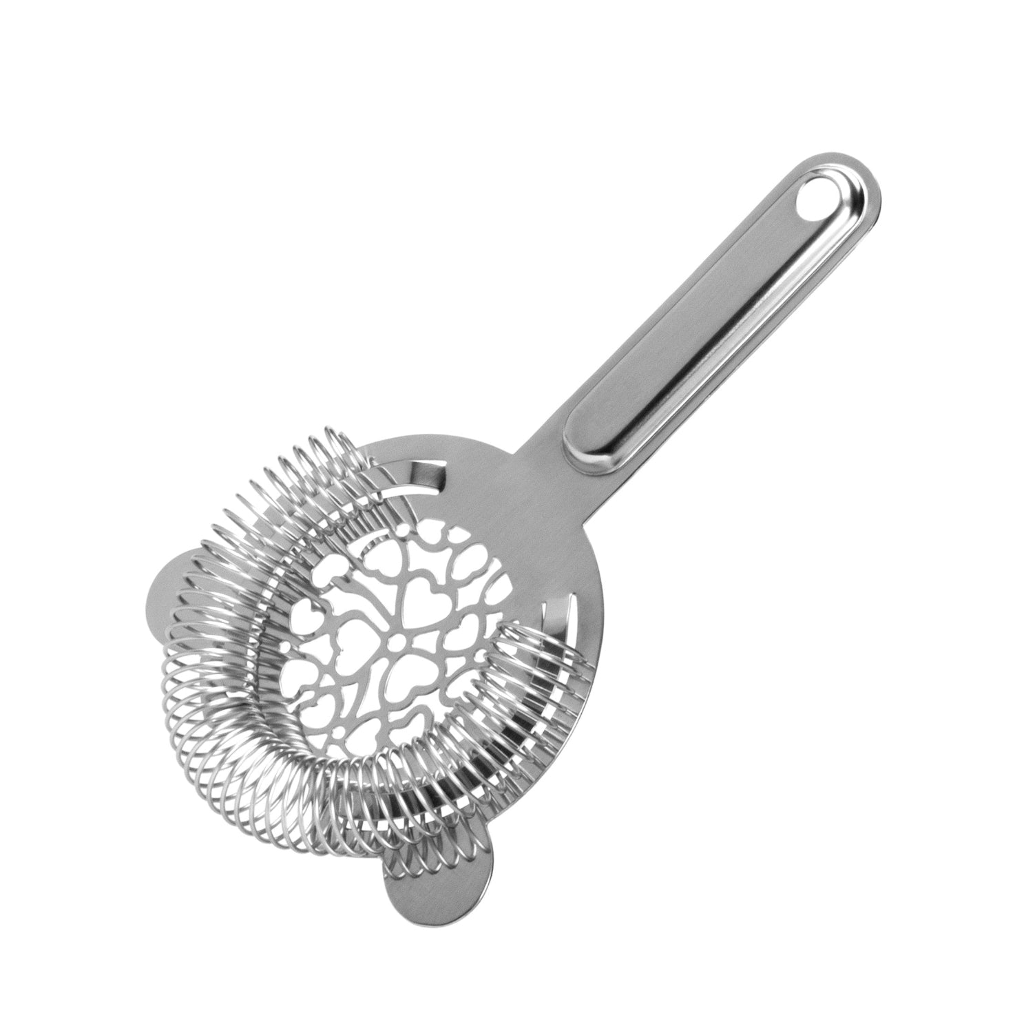 A stainless steel cocktail strainer with a heart-shaped perforation pattern and a handle on top.