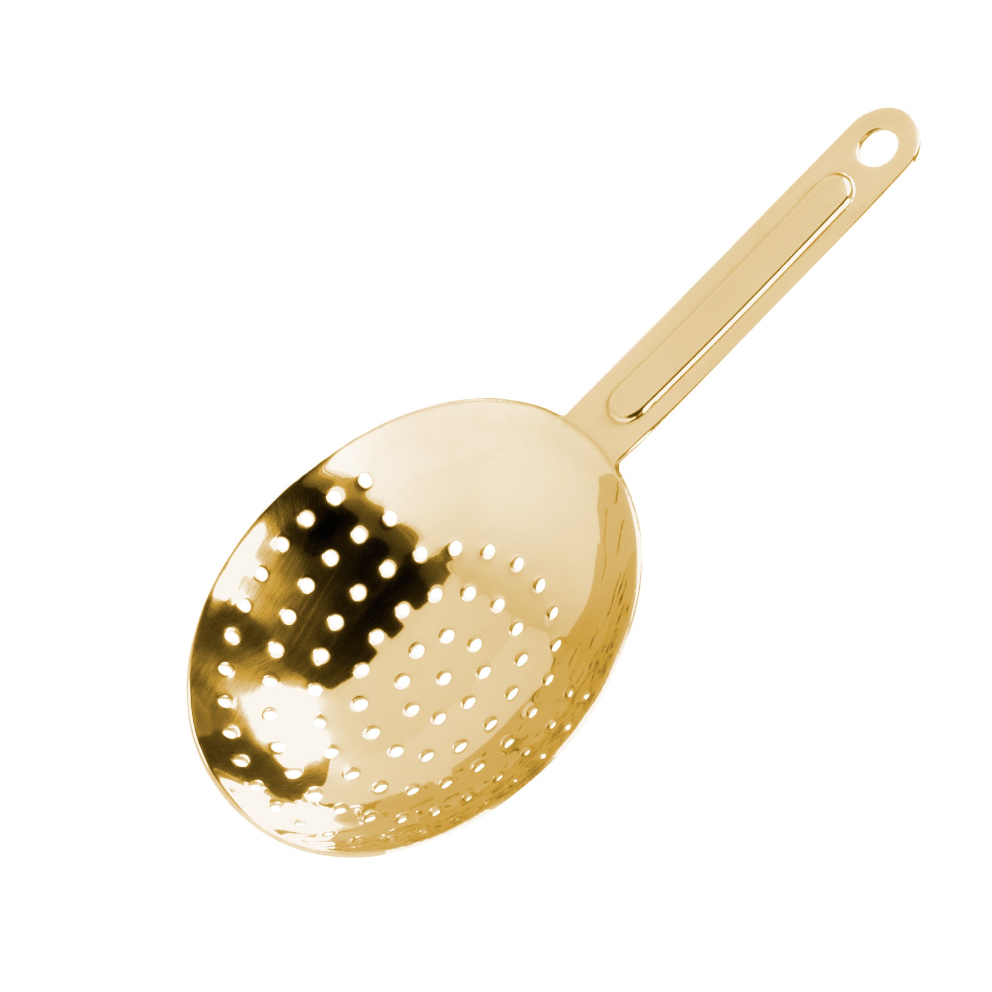 A gold-colored metal julep strainer with a perforated bowl and a handle.