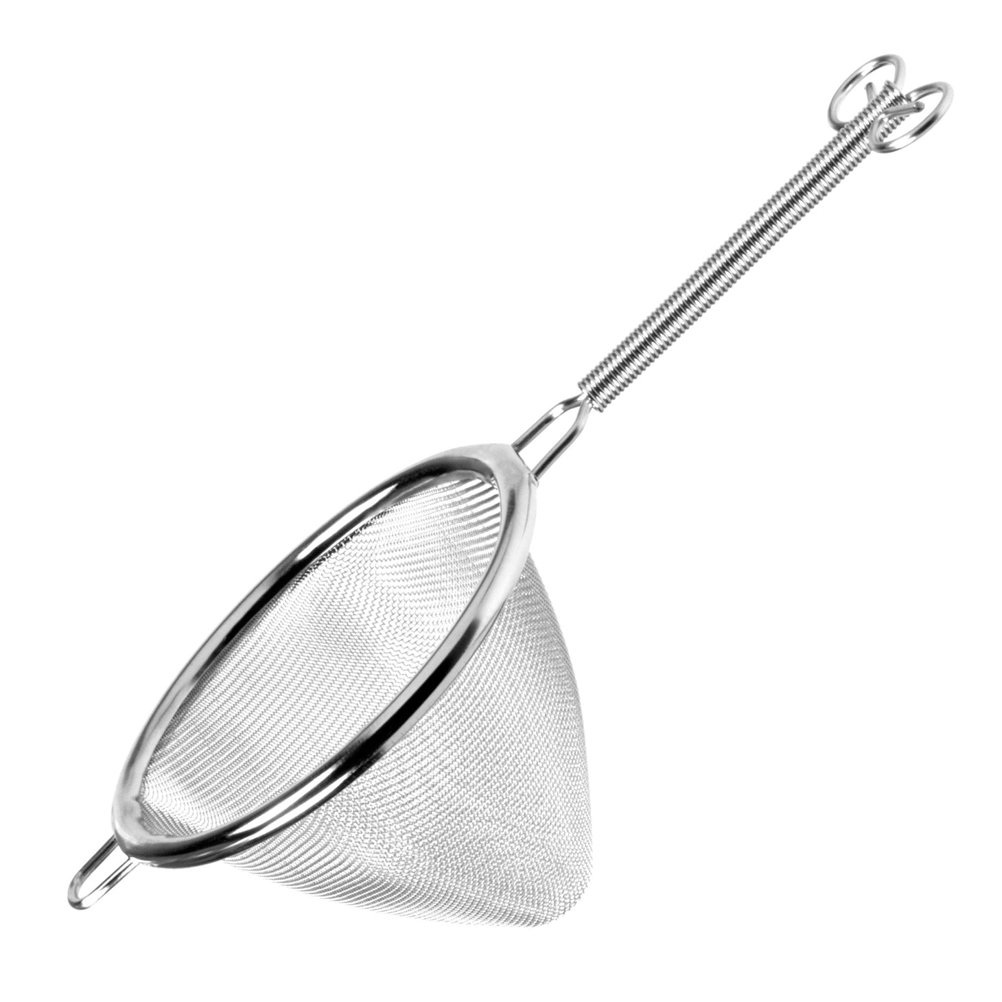 A stainless steel fine mesh strainer with a handle and two hooks at the end for hanging.