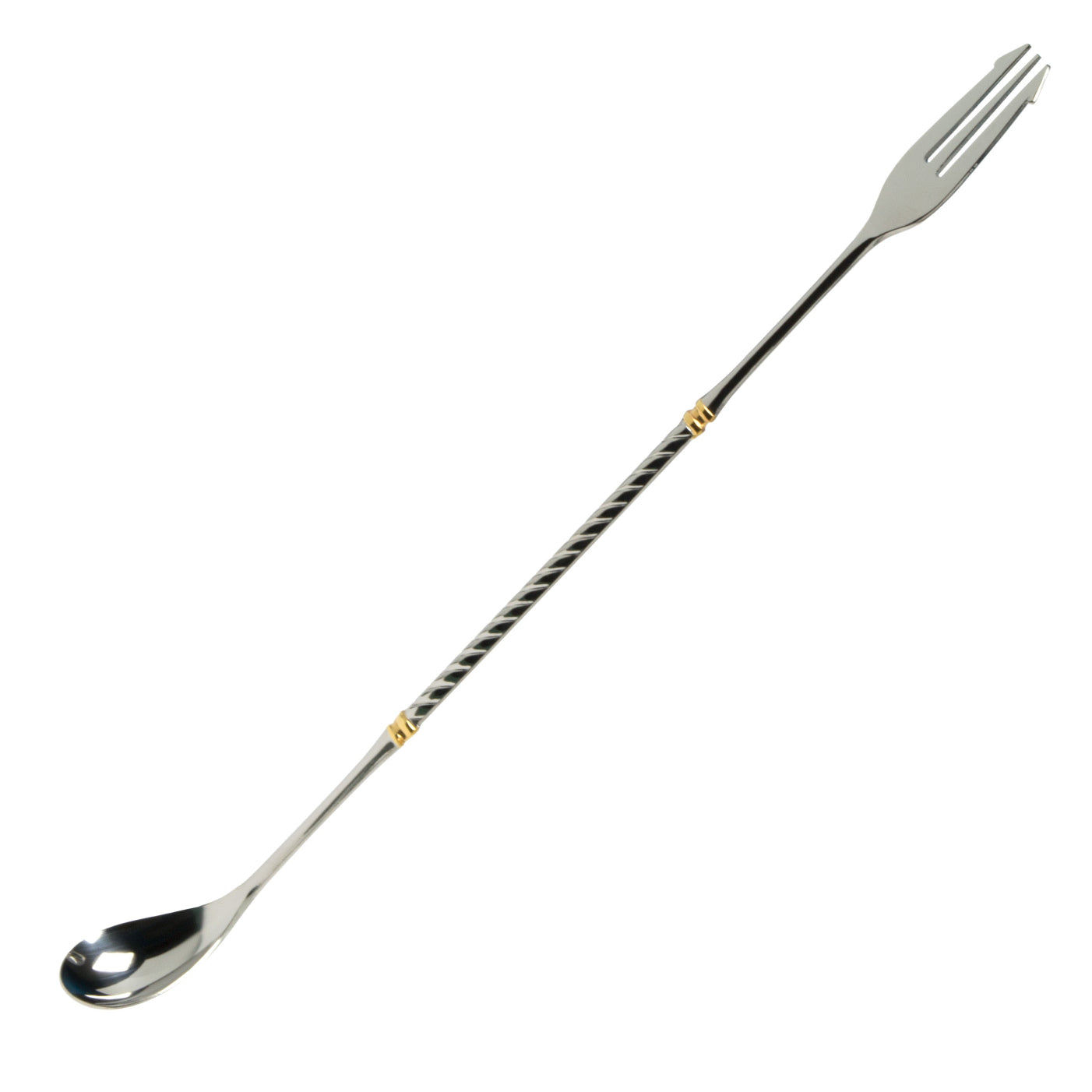 A stainless steel bar spoon with a gold accent on the handle.