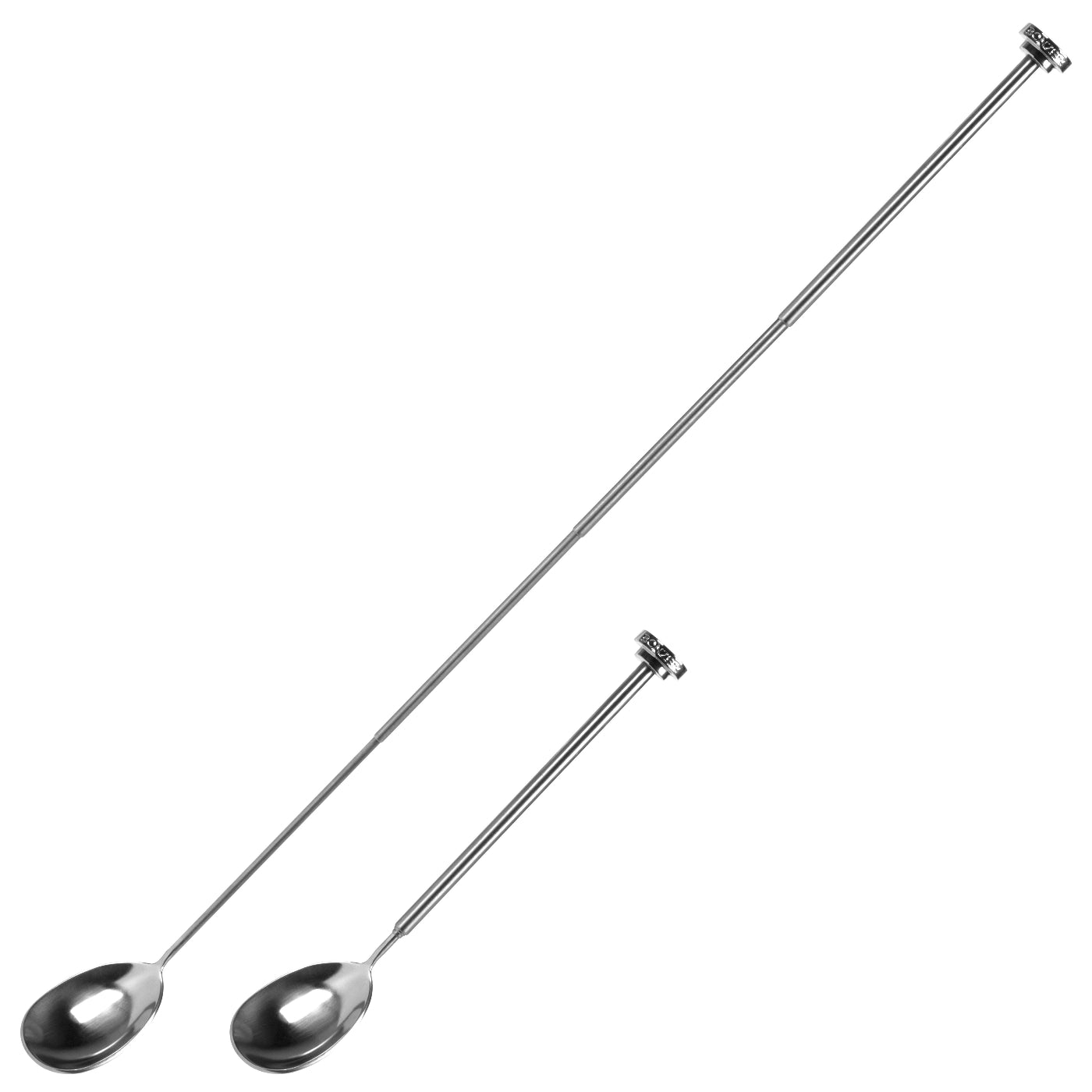 A telescopic bar spoon with a stainless steel finish. The spoon is extended to its full length, showing its angled spoon end.