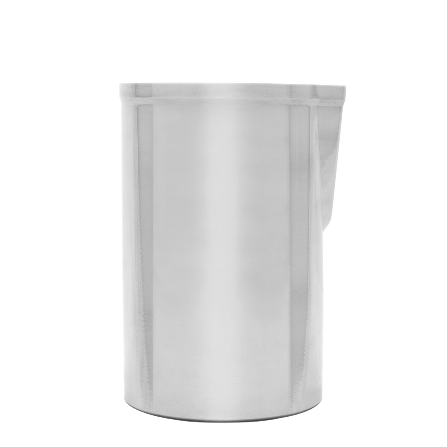 A silver stainless steel mixing cup with a smooth, reflective surface.