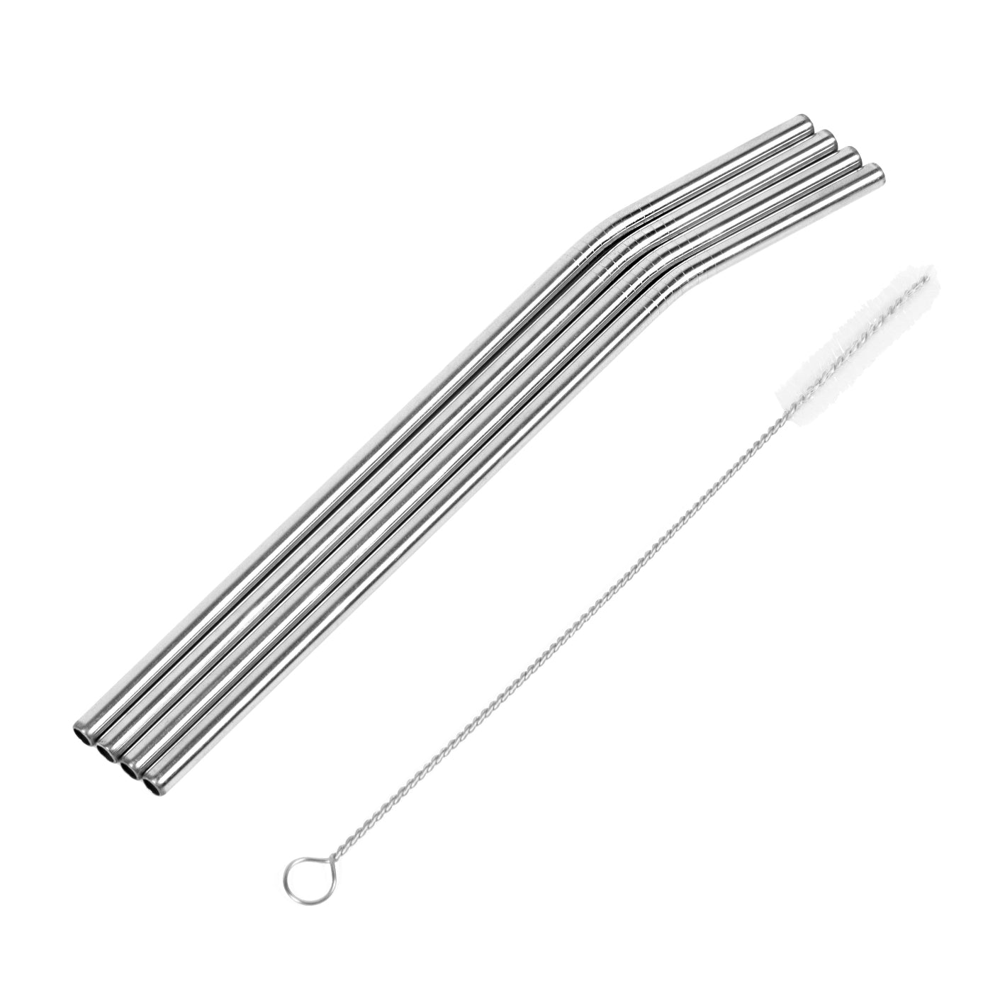 A set of four stainless steel drinking straws.