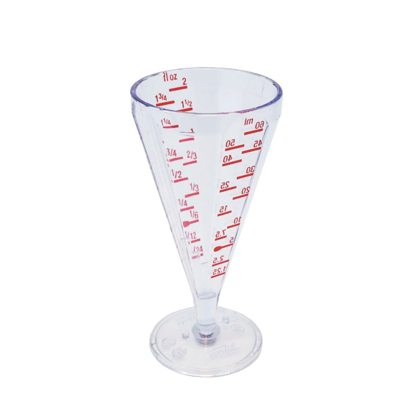 A clear plastic cocktail jigger with measurement markings, featuring a magnetic bottom.