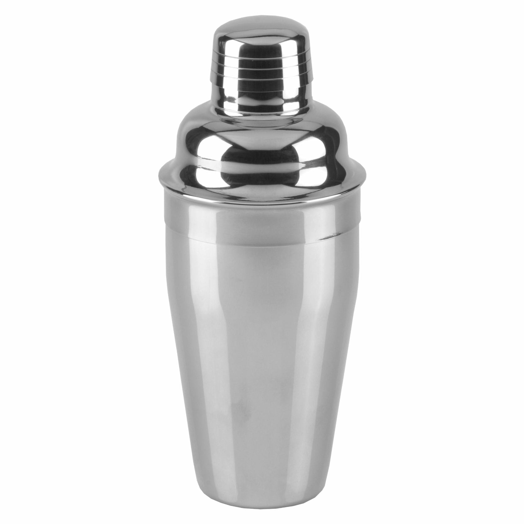 A stainless steel cocktail shaker with a lid and measurement markings.