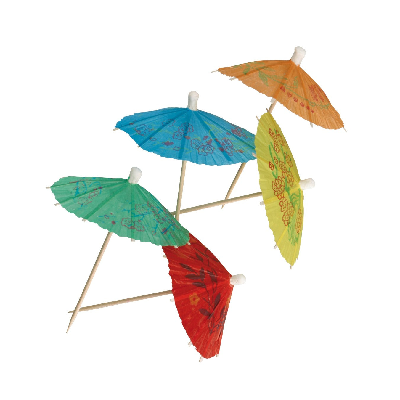 A collection of paper umbrellas in various colors attached to sticks, displayed against a white background.