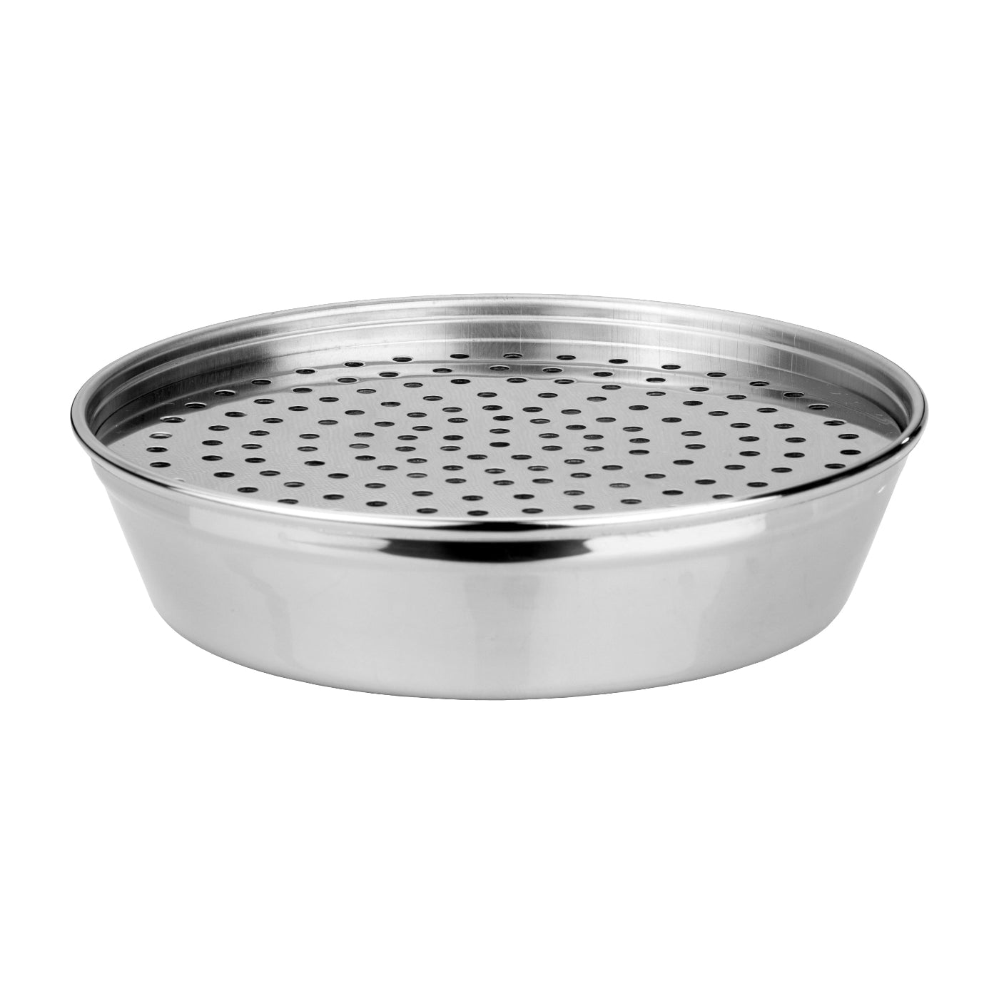 A stainless steel metal drip tray with a perforated surface and a round shape.