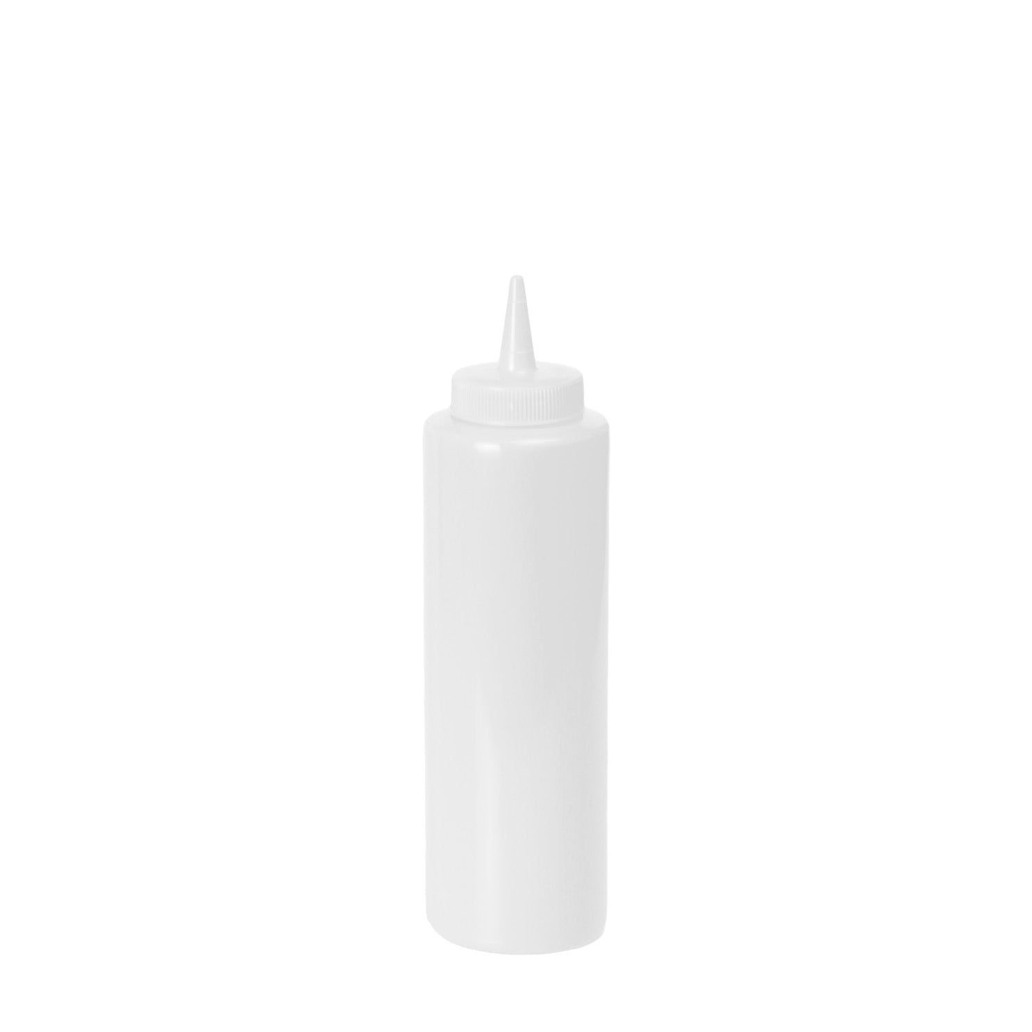 A clear, white squeeze bottle designed for dispensing condiments or sauces.