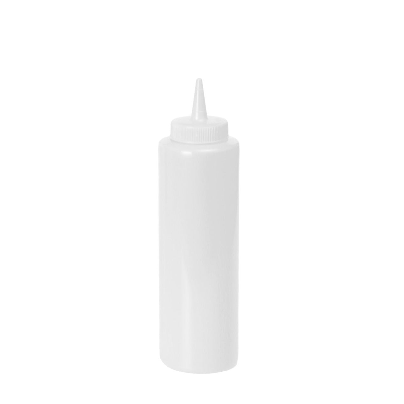 A clear plastic squeeze bottle with a white cap, standing upright on a plain background.