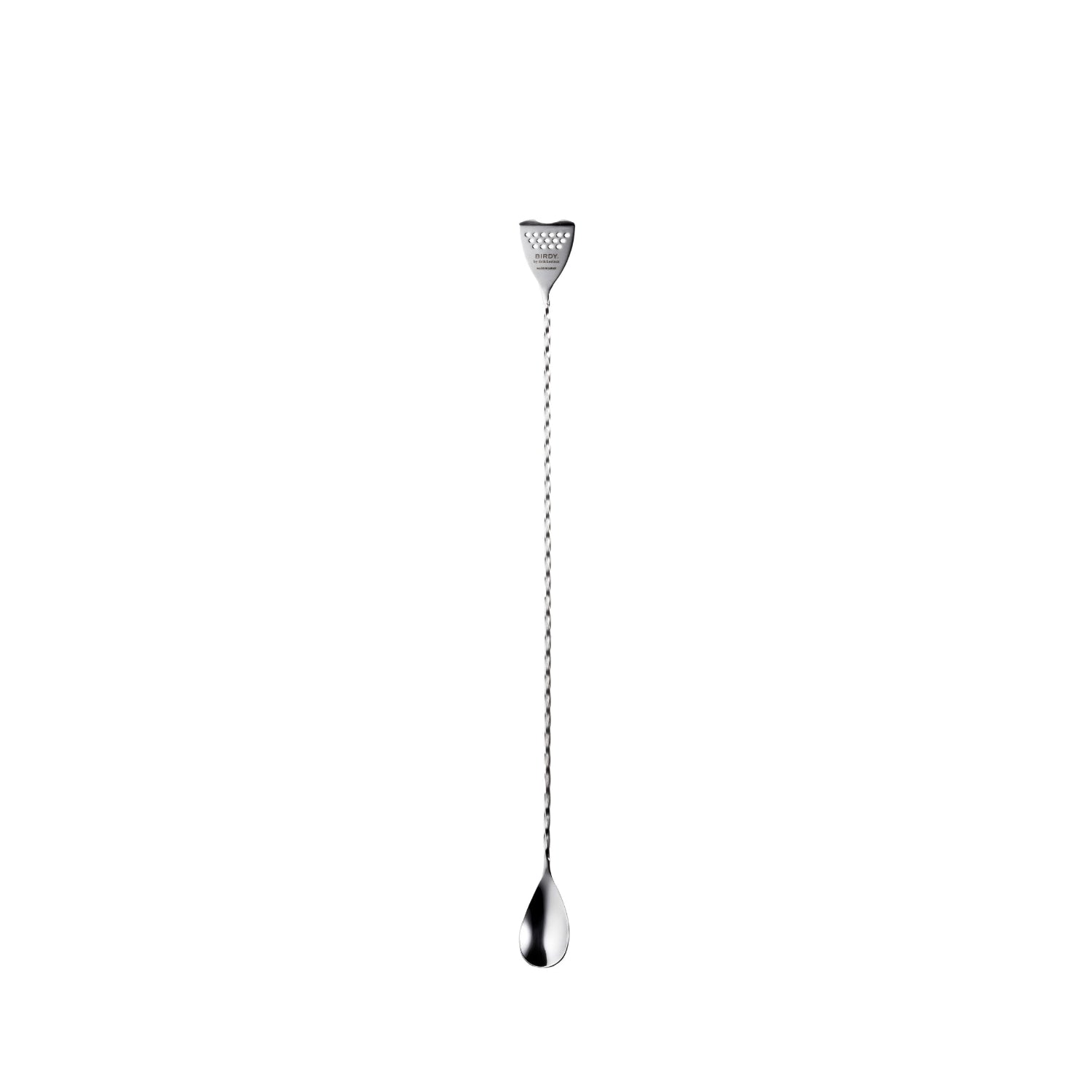 A stainless steel bar spoon with a rounded stem and a strainer at the tail end, isolated on a white background.