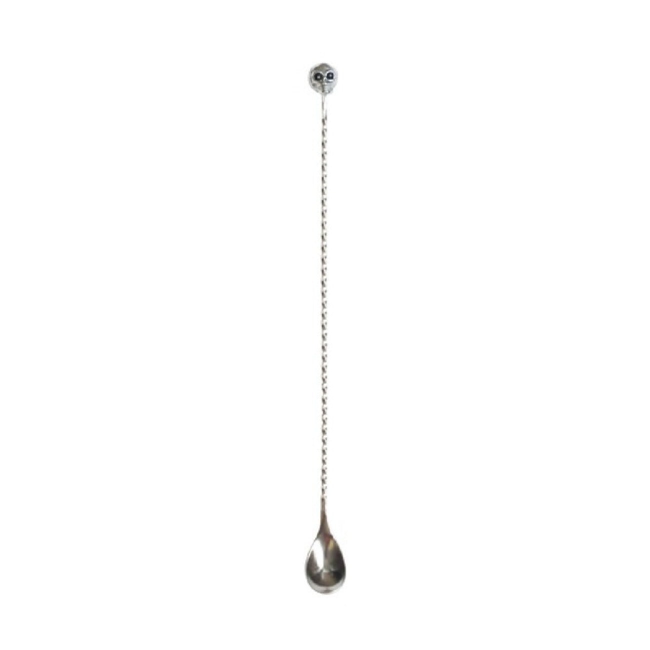 A stainless steel bar spoon with a skull-shaped top and a smooth coil design.
