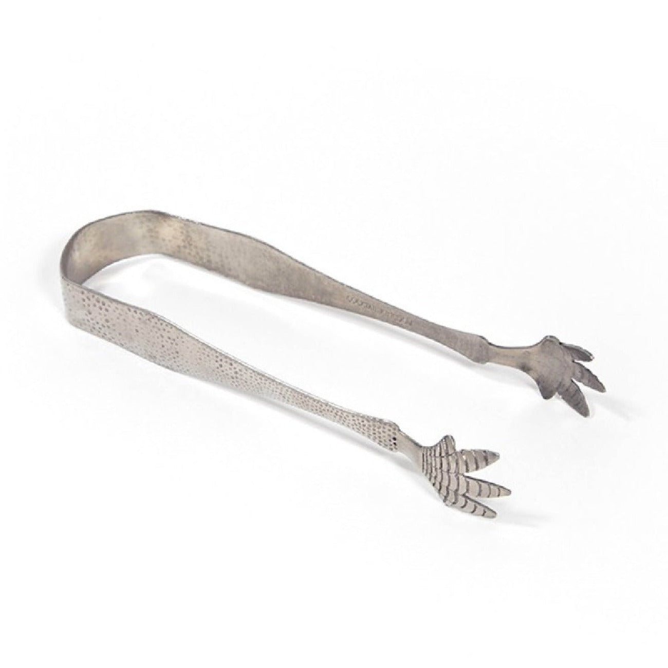 A pair of stainless steel ice tongs with a claw-like end, designed to grip ice cubes.