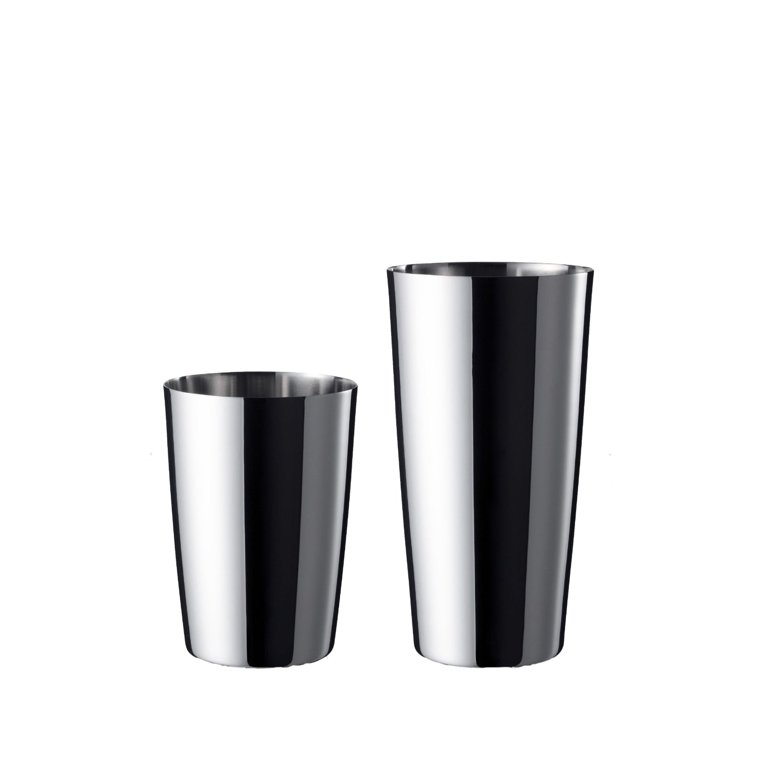 Two shiny metal cocktail shakers, one larger than the other, placed side by side on a white background.