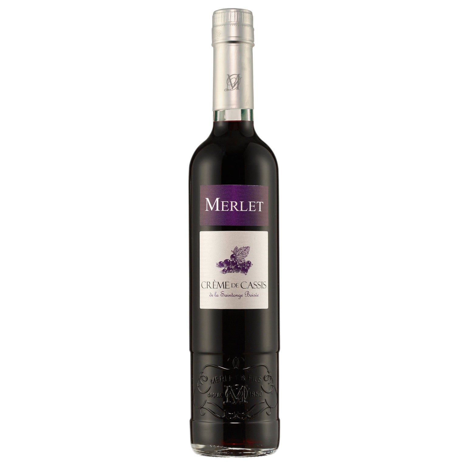 A bottle of Merlet Cassis 20% 50cl liqueur with a purple label and decorative embossing on the glass.