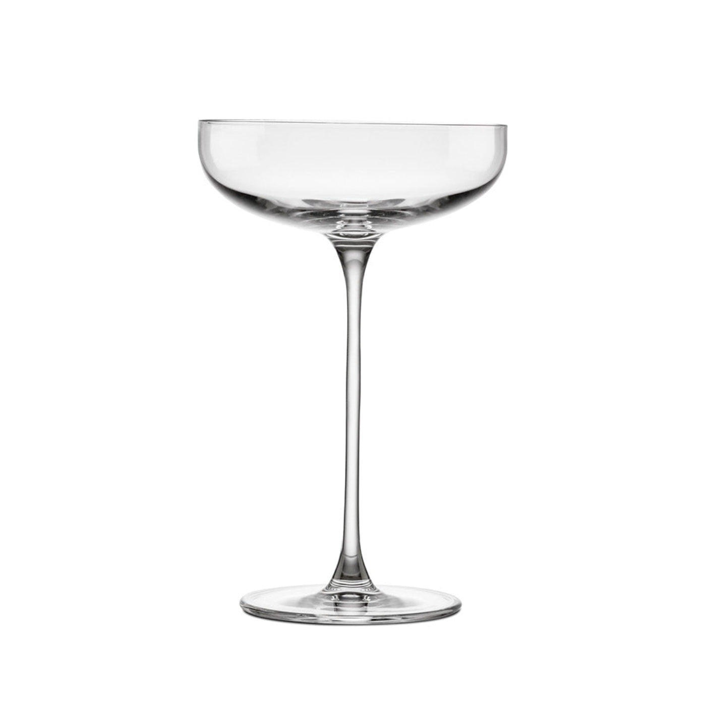 A clear glass Remy Savage coupe with a long stem and a round bowl.