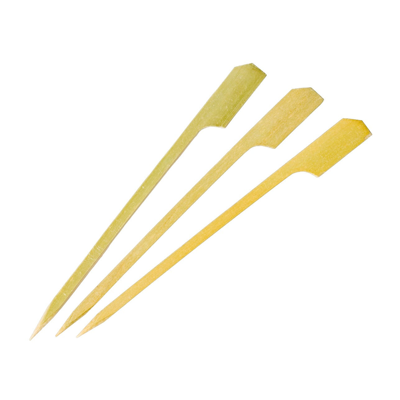 A set of three compostable bamboo cocktail picks on a white background.