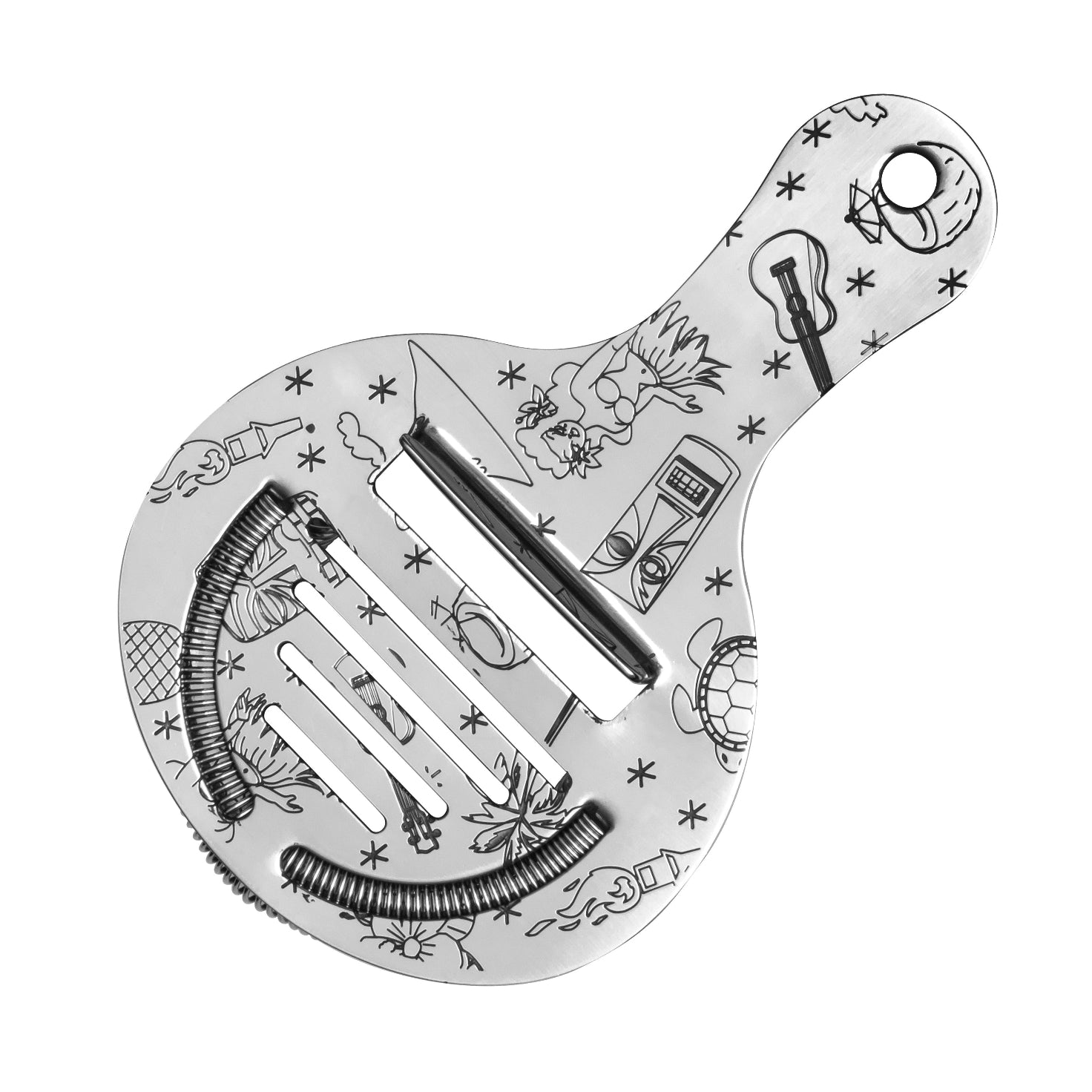 A stainless steel cocktail strainer with black tiki-inspired etched details.