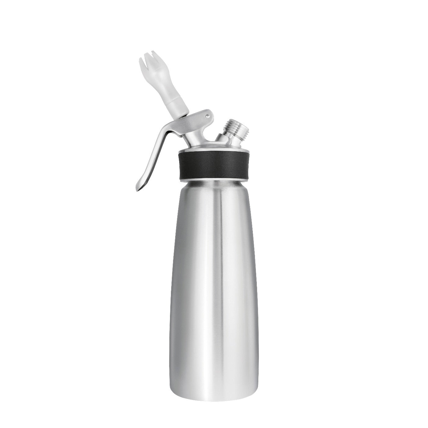 A stainless steel iSi Cream Siphon with a capacity of 0.5 liters, featuring a silver color and a black band on the top.