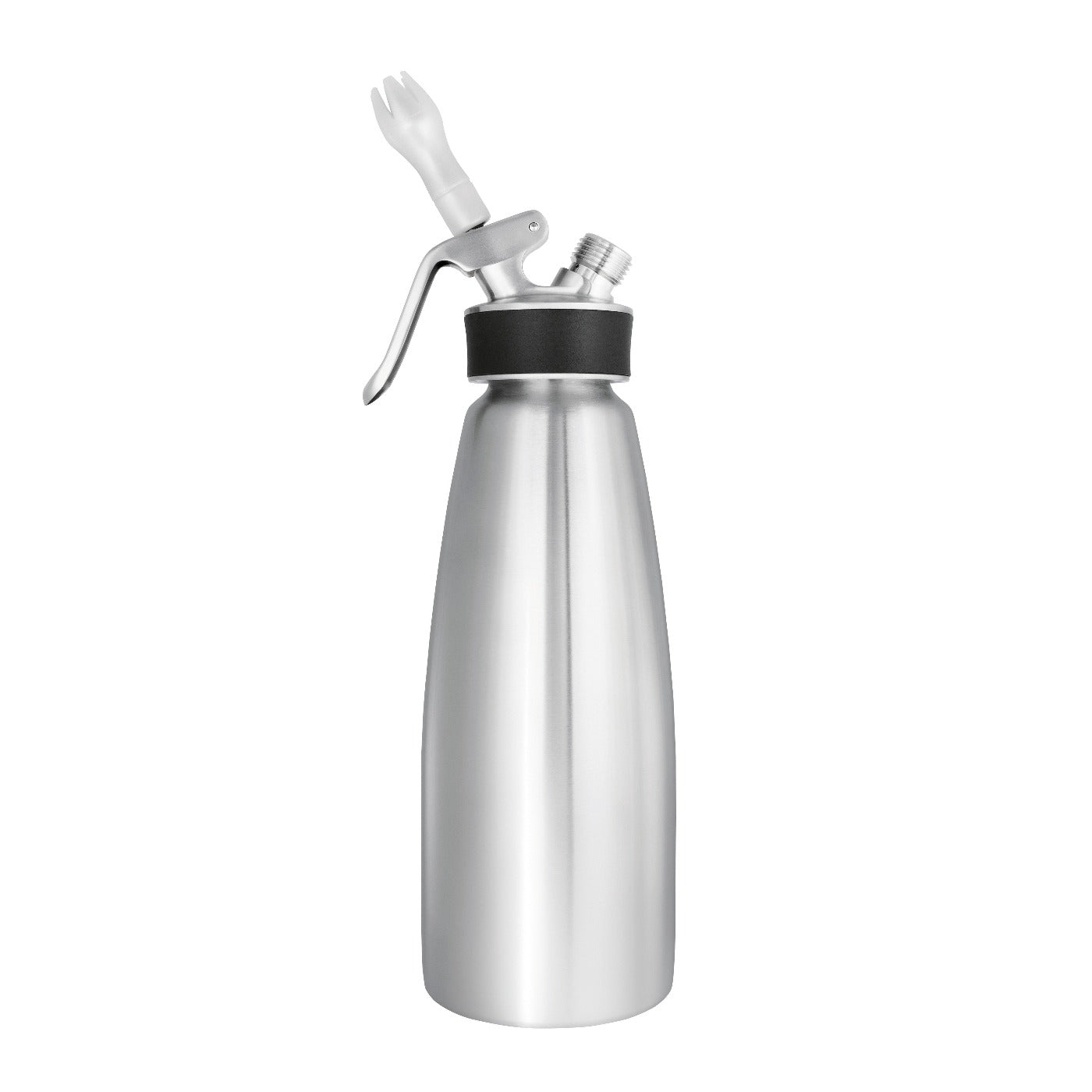 A stainless steel iSi Cream Siphon with a silver finish and black details.