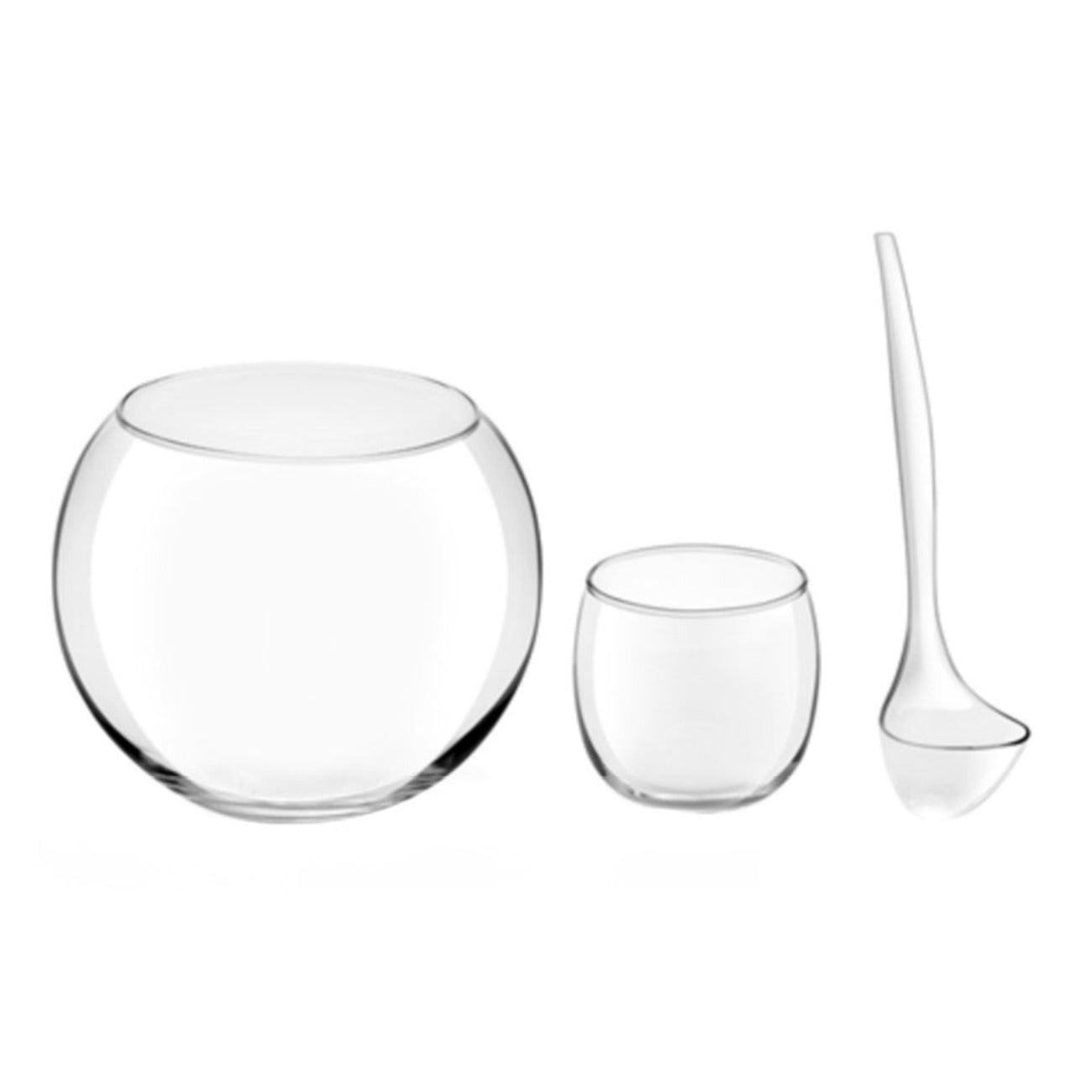 A set of clear glass punch bowl, glasses, and a ladle.