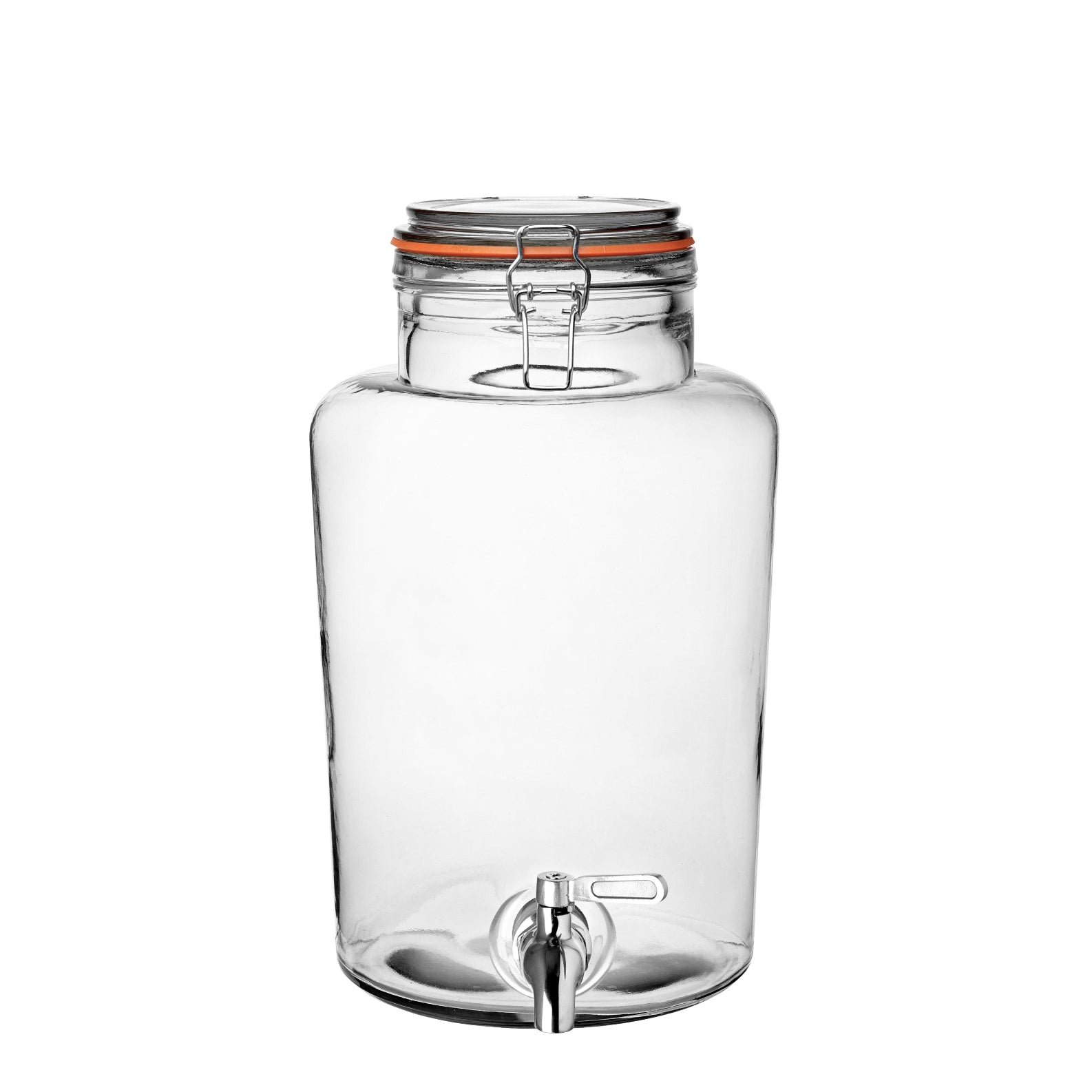 A clear glass beverage dispenser with a spigot and a metal clamp on the lid.